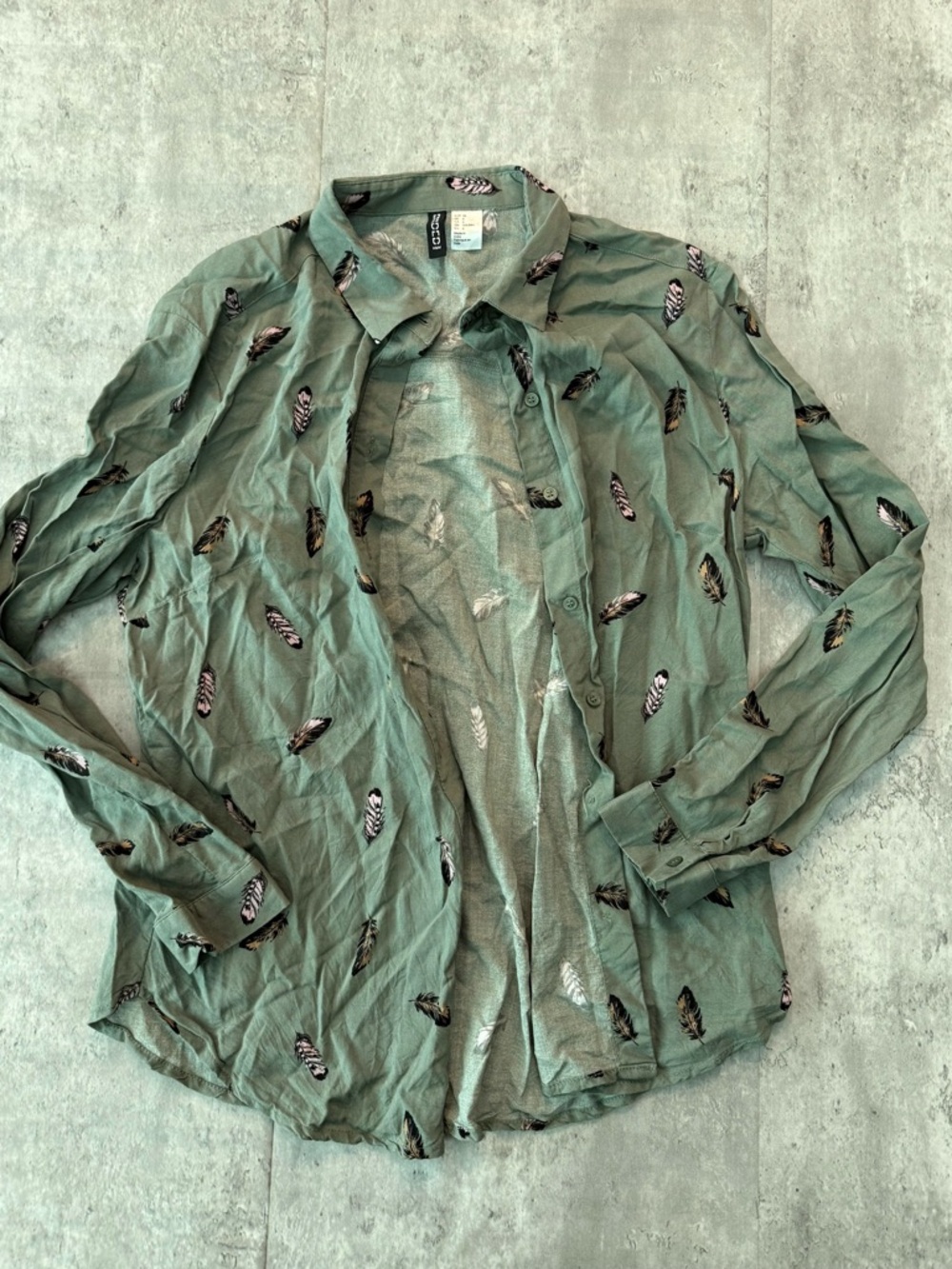 H&M Olive Green Feather-Print Lightweight Shirt Jacket